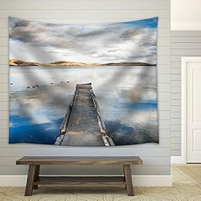 Old Pier on The Lake, a Floating Flock of Ducks and The Sky Reflecting in The Water - Fabric Wall Tapestry Home Decor - 51x60 inches