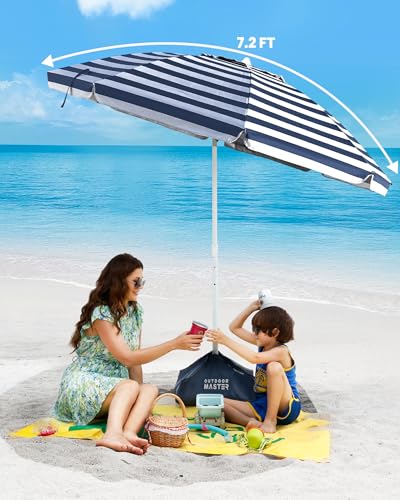OutdoorMaster Beach Umbrellas for Sand with Sandbag & Anchor, 7.2ft Adjustable Umbrella for Beach Heavy Duty Wind, Portable UPF50+ Sunshade with Carry Bag for Patio