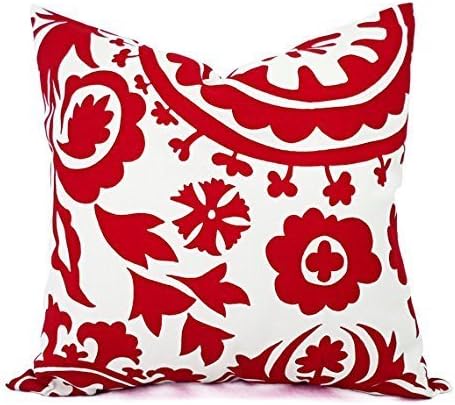 Bright Red and White Throw Pillow Cover in Custom Sizes - Suzani Decorative Pillow Sham - Crimson Red Pillow Cover - Lumbar Pillow Euro Sham