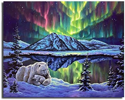 Paint by Number Kit,DIY Oil Painting Northern Lights Polar Bear Drawing Canvas with Brushes Christmas Decor Decorations Gifts - 16 * 20 inch with Frame