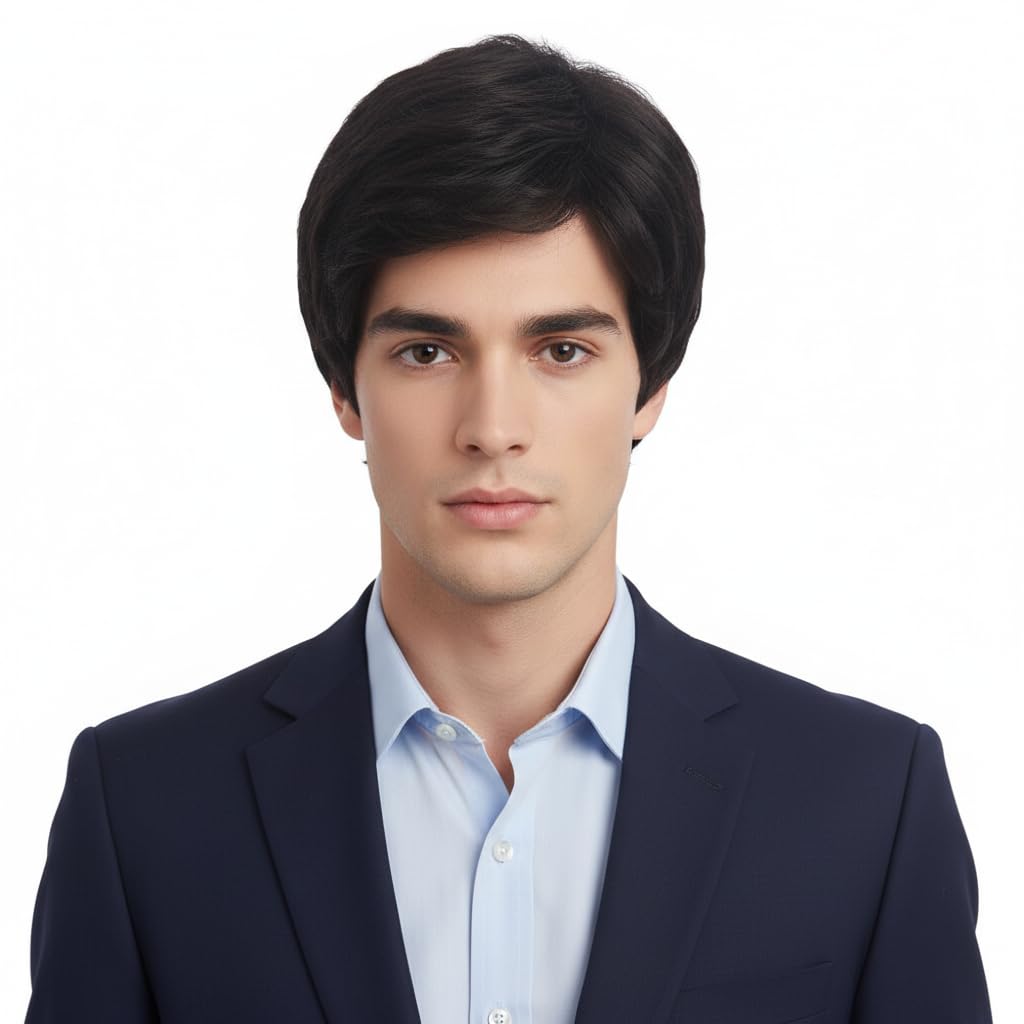 REEWES Men's Wig Short Curly Wig Men's Wigs with Bangs Natural Synthetic Full Wig for Men Daily Party Costume Cosplay Wear (Black) โ image 1