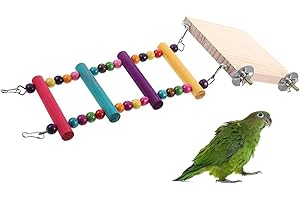 Amaezorx 1 Pcs Wooden Parrot Climbing Ladder Swing with Colorful Sections, Natural Bird Perch Platform & Playground for Small