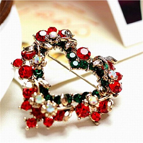 Haodeba 1 Piece Vintage Lovely Red Rhinestone Christmas Wreath Brooch Love Heart Brooch Pin Santa Claus Gift Party Favor