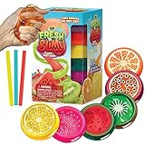 YoYa Toys Fresh ‘N Slimy Fluffy Fruit Slime [6-Pack] | Kiwi, Lemon, Orange, Watermelon, Dragon Fruit & Passion Fruit Sludge Slimes with 3 Straws to Make Bubbles | Great for Kids & Adults