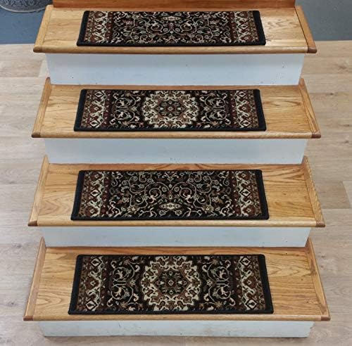 Rug Depot 161402 Traditional Oriental Non Slip Carpet Stair Treads - Set of 13 Treads 26" x 9" - Black Background - 100% Polypropylene - Applied with Non-Slip Tabs