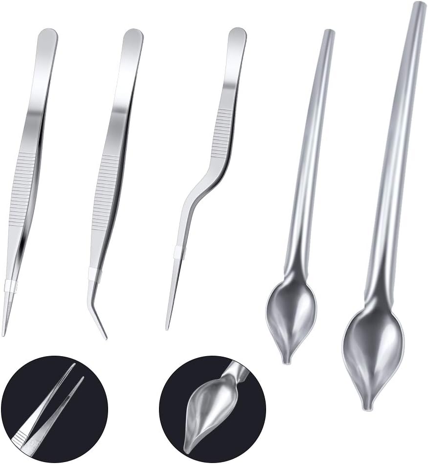 SelfTek 5Pack Chef Plating Tools 3Pcs Stainless Steel Cooking Tweezers Precision Tongs with Serrated Tips,2 Sizes Culinary Drawing Spoon and 6 Pcs Plastic Plating Wedge Set for Plates Decorating - Image 3