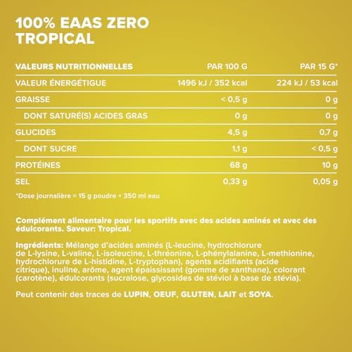 – EAAs Zero en Poudre – Tropical 500 g – EAA Zéro Sans Sucre, Complément EAA pour Sport & Nutrition