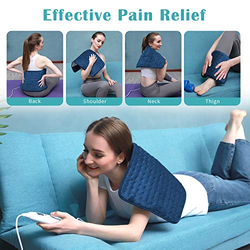 XIRGS Heating Pad, Electric Heating Pad for Back Cramps Neck Pain Relief, Dry & Moist Heat Therapy, 10 Heat Setting, 9 Timer Setting - Auto Shut Off Hot Heat Pad Size 12\'x24\'，Machine-Washable (Blue)