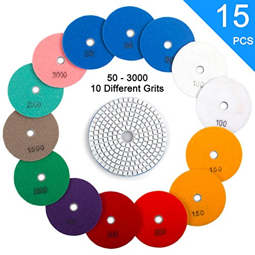 ADVcer 15pcs 4" Wet Diamond Polishing Pads Set - 50 to 3000 Grit Hook and Loop Backing Sanding Discs - Ideal Buffing Kit for Granite Concrete Marble Stone Countertop Ceramic Floor Grinder or Polisher - Thumbnail 7
