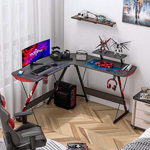 MOTPK L Shaped Gaming Desk 51" L Shaped Desk, Real Carbon Fiber Coated, Gaming Desk Table with Large Monitor Riser Stand for Home Office, Sturdy Writing Workstation, Gaming Desk with Shelf, Black - Image 3