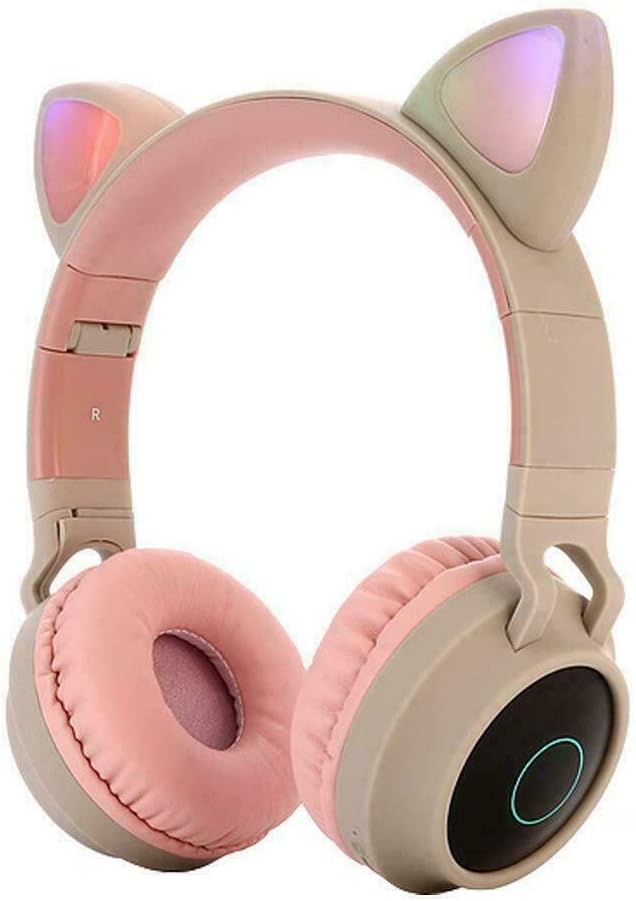 Over-ear Headphones With Cat Ear，Foldable Bluetooth headset，LED illuminated headphones, suitable for girls, boys, adults (Khaki)