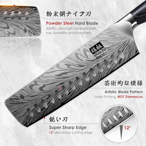 SHAN ZU Japanese Nakiri Knife in Powder Steel, 18 cm Kitchen Knives High Carbon 63 HRC Vegetable Chopper Professional 12°Sharp Blade Chef Knives with Ergonomic Pakkawood Handle