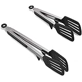 2 Pack Black Kitchen Tongs,Premium Stainless Steel Locking Cooking Tongs with Silicone Tips, Non-Slip Food Tongs for Cooking,