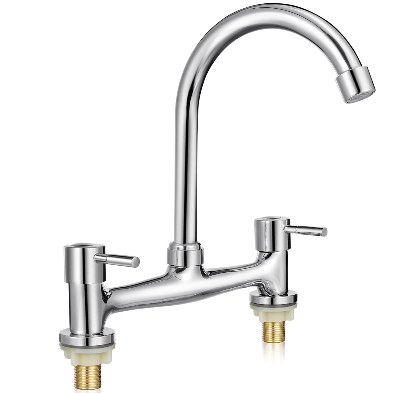 Kitchen Sink Mixer Taps, 2 Hole Kitchen Faucet 360 Swivel Spout Dual Lever Cold and Hot Gooseneck Faucet for Bathroom Sink Easy Installation