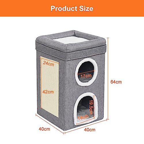 Foldable Cat House 2-in-1 Large Cats Cave Kitten Bed with Cube Cat Scratching Pad Collapsible Pet Hideaway Playground Kitten Tunnel Sleeping Cot Condo Furniture Baby Cat Stool Play Center(Grey)