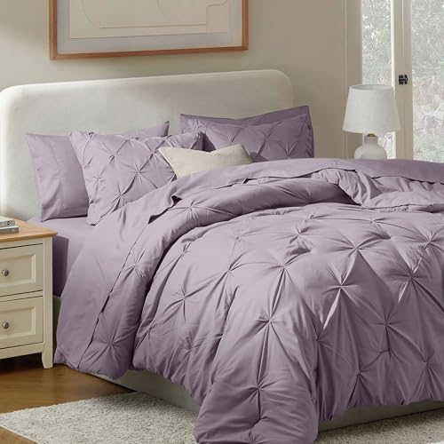Nestl 9 Piece King Comforter Set – Dusty Purple Pinch Pleated Bed in a Bag – Co…
