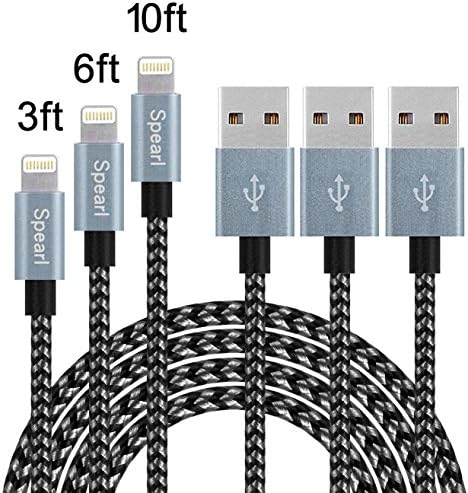 Spearl 3Pcs 3FT 6FT 10FT Extra Long Nylon Braided Charging Cable Cord 8-Pin Lightning to USB Cable Charger Compatible with iPhone7/7Plus/6/6s/6plus/6s plus,iPhone5/5s/5c,iPad,iPod(Black+Gray)