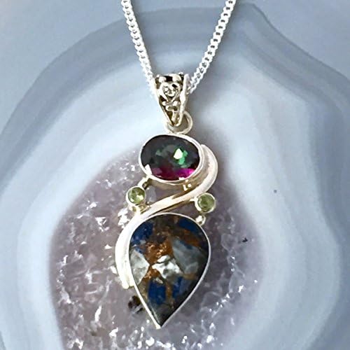 Rare Genuine Afghan COPPER LAPIS LAZULI, Rainbow Topaz and Peridot Gemstones, 925 Sterling Silver, Charming Pendant 1.77" Long, with FREE Sterling Silver Chain.