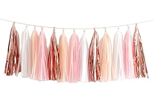ZOOYOO Pink Shiny Tassel Garland Tissue Paper Tassel Banner,Table Decor,DIY Kits for Tassels Party Decoration,Pack of 20(Rose Gold, Peach, Light Pink, White)