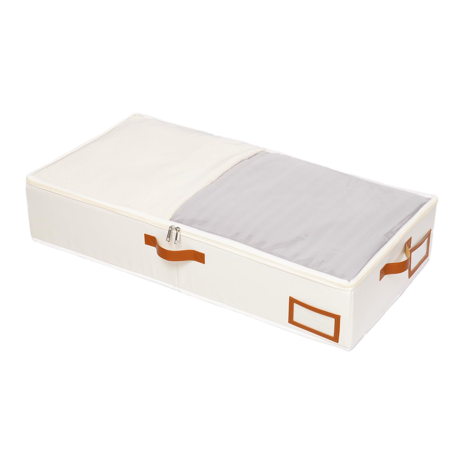 Yawinhe Underbed Storage Boxes with lid, Foldable Clothing Bags, Clothes Organizer with Sturdy Zipper, Clear Window and Reinforced Handles, for Blanket, 1 Pack, 60x30x15cm, Beige, SNH001BES-1