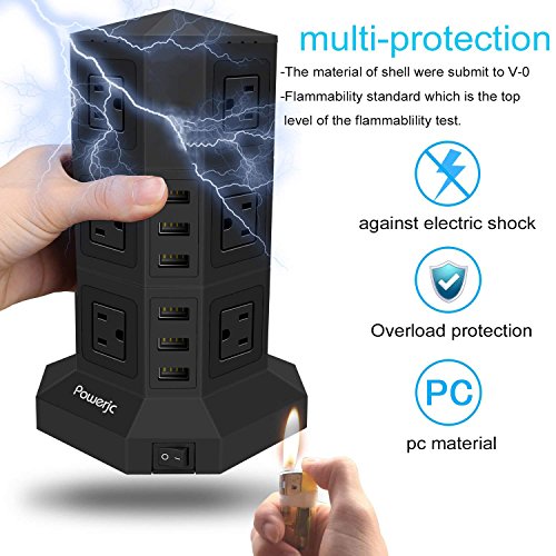 Tower Power Strip Surge Protector 12 AC Outlets with 6 Ports USB Chargers Black-Powerjc