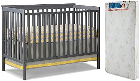 Stork Craft Sheffield Fixed Side Convertible Crib, Grey and Dream On Me Spring Crib and Toddler Bed Mattress, Twilight - 2-Piece Bundle