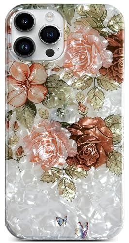 Qokey for iPhone 15 Pro Max Case, Clear Slim Fit Thin Sparkle Bling Girly Floral Cover, Soft Bumper Lightweight Soft Anti-Scratch Phone Protection,Brown Flower