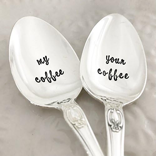 Set of spoons, my coffee / your coffee. Hand stamped vintage set, various floral