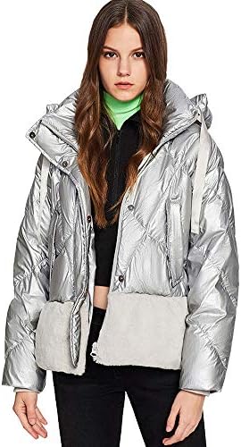 女性の光沢のあるキルティングダウンジャケットフード付きショートスポーツコート レディース冬暖かいスリムフィットショートオーバーコートアウトウェア 即出荷 カジュアルジャケット L Silver