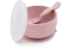 SAMiGO Silicone Baby Bowl and Spoon Set with Suction and Lid, First Stage Self Feeding Essentials, Food Bowl for 6+ Months