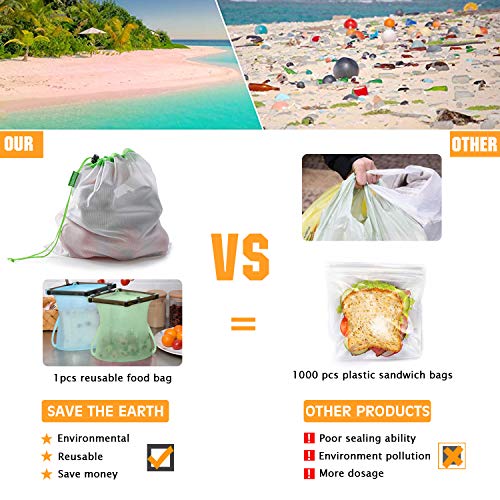 Reusable Silicone Food Storage Bag, 2 Pack Upgrade Leak Proof Silicone Food Bags, BPA Free Reusable Food Preservation Bag, Seal Bags Cooking Bag for Freeze Microwave Fruits Vegetables Meat Milk