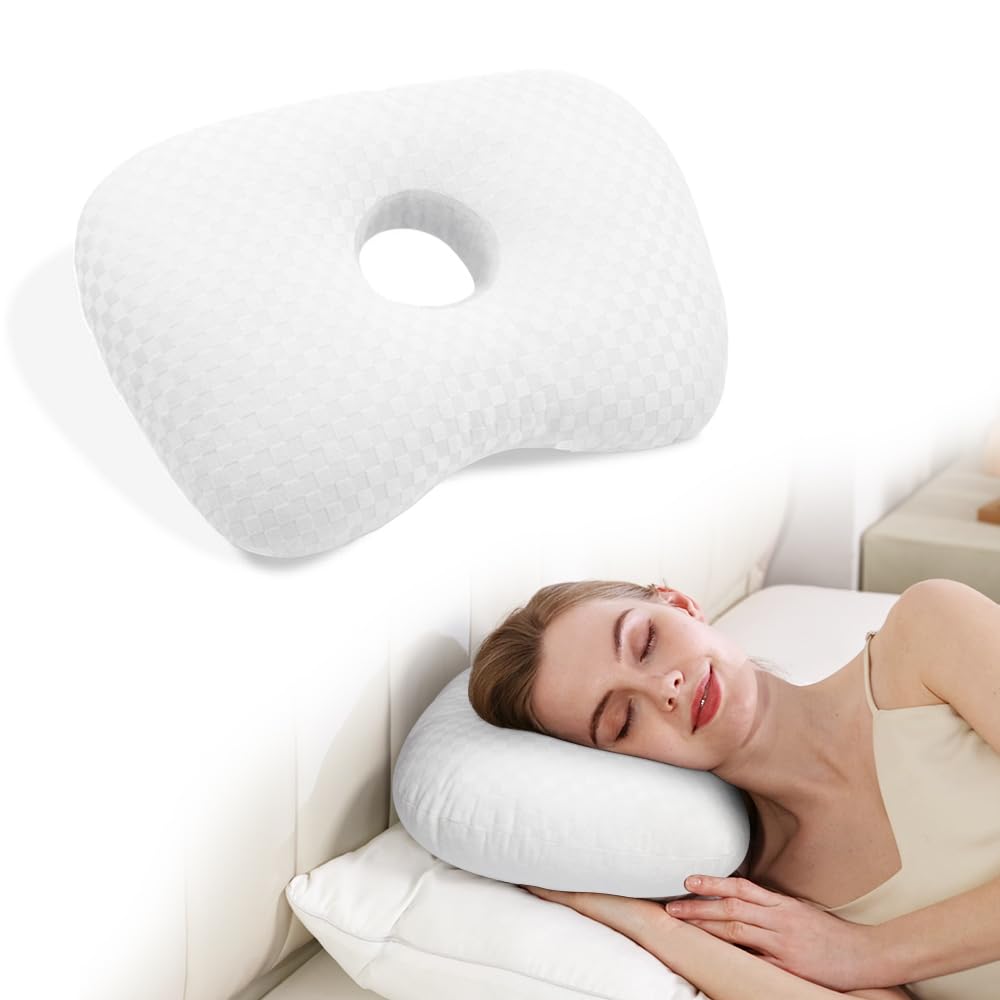 Babyezz Ear Piercing Pillow with an Ear Hole for CNH and Ear Pain Ear Inflammation Pressure Sores for Side Sleepers, Washable and Adjustable Polyester and Cotton Side Sleeping Ear Pillow (White)