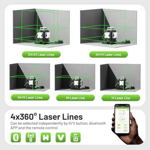 Huepar Professional Laser Level Self Leveling S04CG, ±1/9" Accuracy at 33 Ft, 4D Construction Lazer Leveler Tool with LCD Screen, Bluetooth Remote Control, 4x360° Green Cross Line, Outdoor Pulse Mode