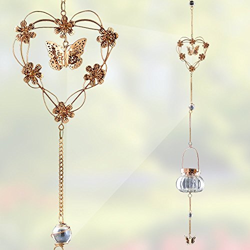 Hanging Butterfly and Heart Chimes - Hanging Glass Tea Light Candle Holder - Hanging Garden Chimes - 40 Inch High