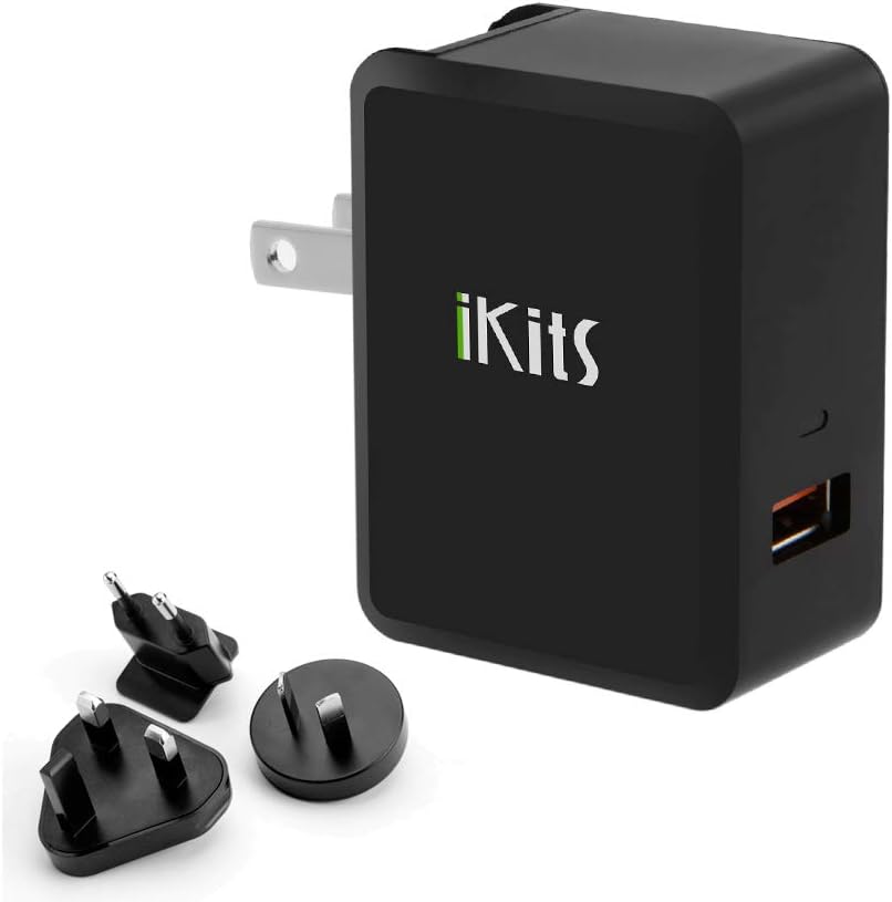 iKits 18W USB Wall Charger QC3.0 International Travel Adapter Included(QC2.0 Compatible) Smart IC Output, Compatible Galaxy S9+ S8 S7 Edge,Nexus 6P, HTC10,LG V30, iPhone Xr X 8 7 6S,iPad & More, Black