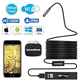 Wireless Endoscope,CreateGreat WiFi Borescope Inspection Camera 2.0 Megapixels 1200P HD Snake Camera with 8pcs Adjustable LED Inspection for Android and IOS Smartphone,Iphone,Samsung,Macbook(35FT)