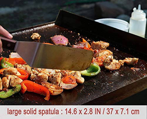 POLIGO 7pcs Restaurant Grade Griddle Accessories Kit - Heavy Duty Stainless Steel Griddle Tool Set with Riveted Wooden Handle - Great for Flat Top Cooking Camping Tailgating Teppanyaki Grill
