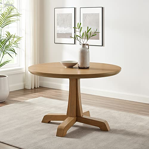 Walker Edison Caely Modern Simple Round Dining Table with Pedestal Base, 48 Inch, Rustic Oak in ...