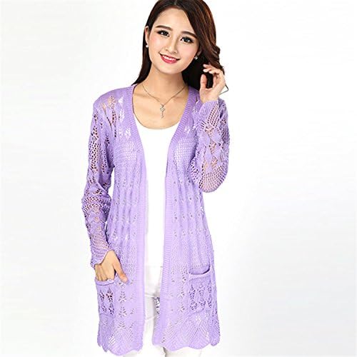 Women Knitted Sweater Cardigan Female Ladies Knitting Lace Crochet Long Cardigan Yf9581 Purple One Size