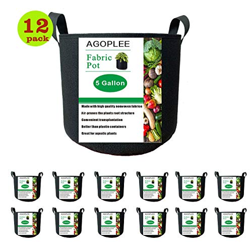 AGOPLEE 12-Pack 5 Gallon Plant Grow Bags Heavy Duty Thickened Nonwoven Fabric Pots with Handles