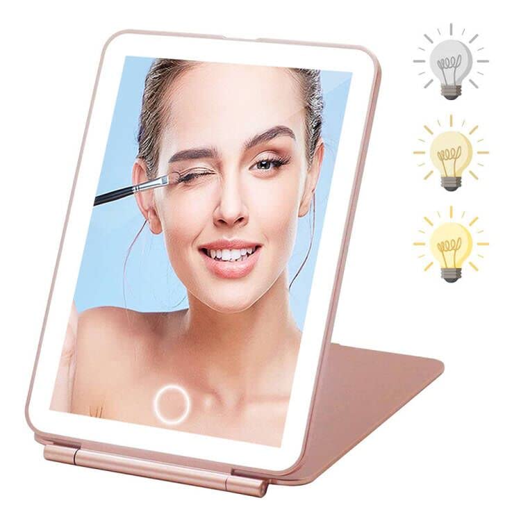 Rechargeable Travel Makeup Vanity Mirror with Led Lights, Portable Lighted Makeup Beauty Mirror, 3 Color Lighting, Dimmable Touch Screen, Tabletop LED Folding Cosmetic Mirror with Lights (Pink)