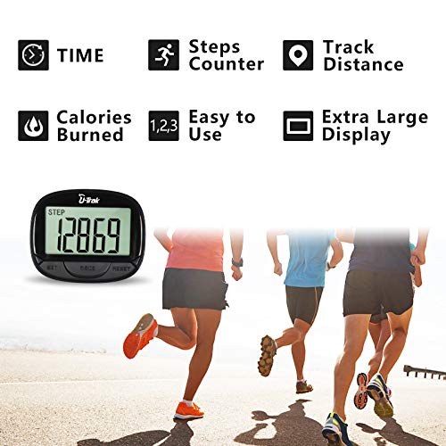 U-Trak Simple Pedometer with Clip Step Counter Tracking Accurate Steps/Walking Distance in Miles/KM/Calories Large LCD Display Portable Fitness Tracker for Walking Running Outdoor Sports Black - Thumbnail 2