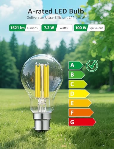 Lepro B22 Bayonet Light Bulb, A-Rated Ultra-efficient LED Bulb, 7.2W = 100W, 1521lm, 2700K Warm White, 50000H Lifespan, Clear Filament, Vintage Glass, Non-dimmable, Pack of 4