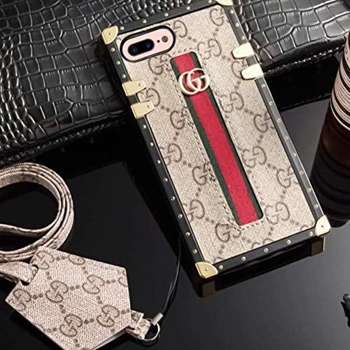 New Classic Elegant PU Leather Style Cases Cellphone Back Cover Case for iPhones 7/8 Plus Full Protect Case with Long Rope (Brown1) (Beige)
