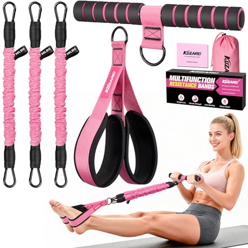 Upgraded Multifunction Pedal Resistance Band with Handle, 3 Tube Adjustable Resistance Bands for Abdomen, Waist, Arm, Core/ABS, Leg Workout - Sit Up Exercise Equipment & Pilates Set for Women