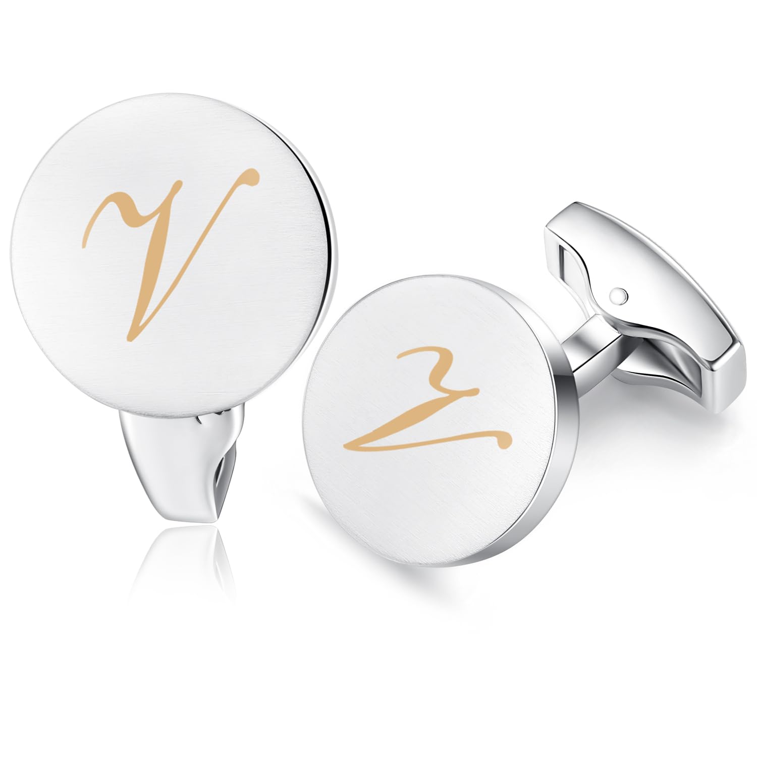HONEY BEAR Initial Alphabet Letter Cufflinks for Men, Silver Round Shape Wedding Business Gifts A - Z (One pair V)