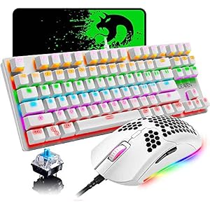 Wired Gaming Keyboard and Mouse Combo,87 Keys Compact Rainbow Backlit Keyboard,RGB Backlit 6400 DPI Lightweight Gaming…