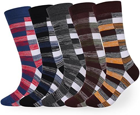 Mens Plaid Crew Socks 5 Pairs Striped Pattern Business Mid Calf- Toe Heel Cotton Dress Socks by Sumbago (Red-blue,Brown-orange,Brown-green,Blue-black,Grey-black) (Multicoloured, US Men Size 7-9)