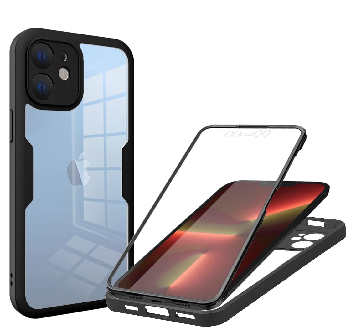 Draamvol for iPhone 12 Case Built-in Screen Protector Clear Silicone Bumper Cover Shockproof 360°Full Body Drop Protection Transparent Cover for iPhone 12 Phone Case, Black