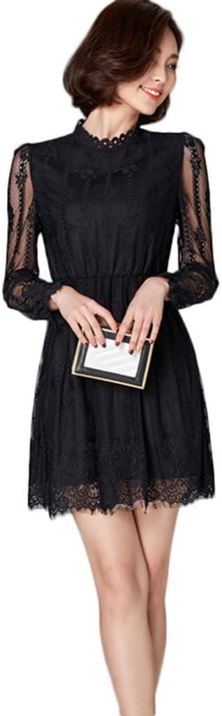 Smile YKK Floral Lace A Line Mesh Korean Slim Long Sleeve Mini Dress